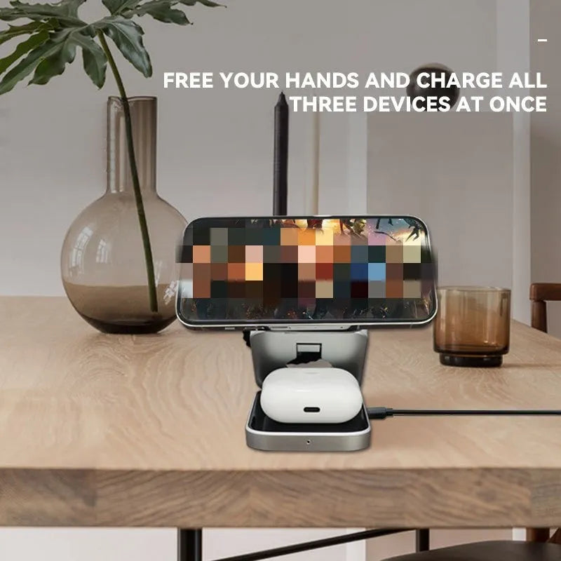 Foldable three-in-one desktop wireless charging stand for Apple iPhone and Samsung Galaxy phone.
