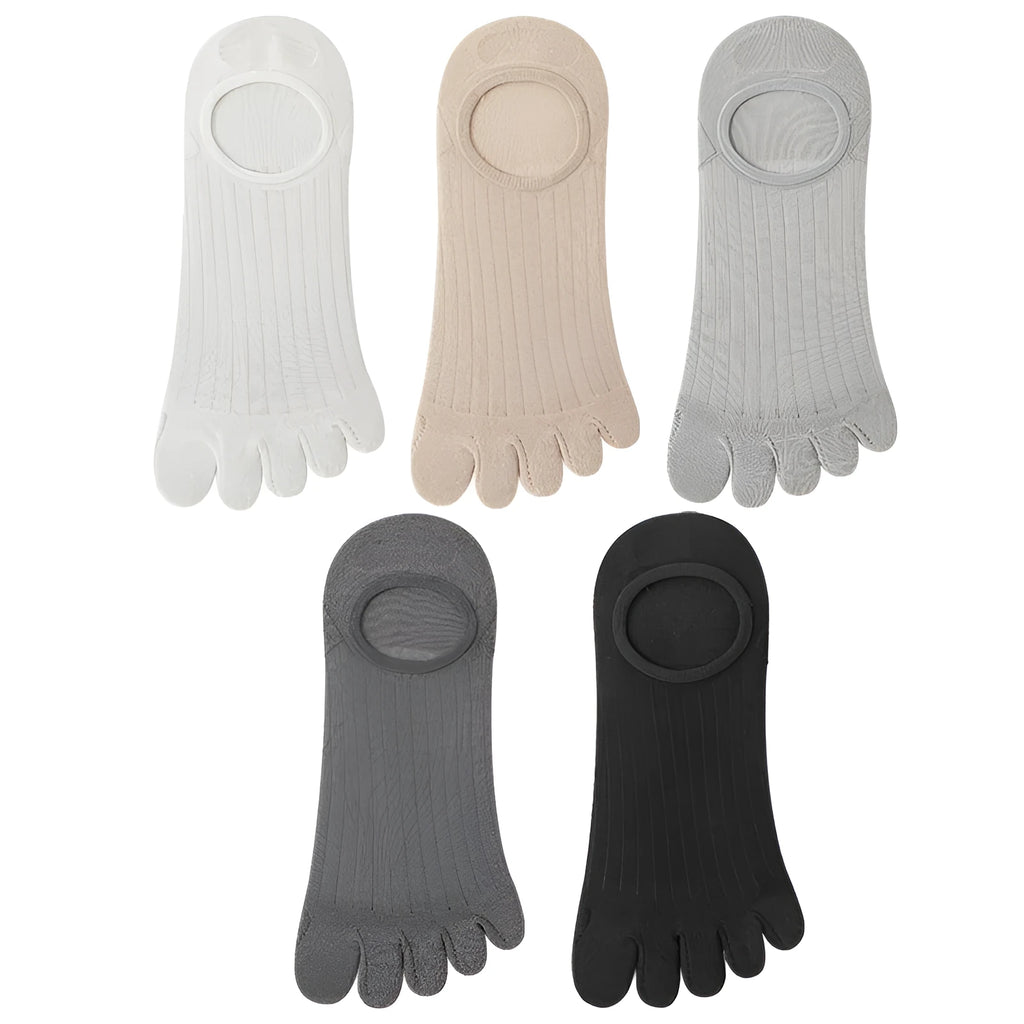 Men's five-finger invisible socks in modal fabric, shown in various neutral colours on a flat surface.