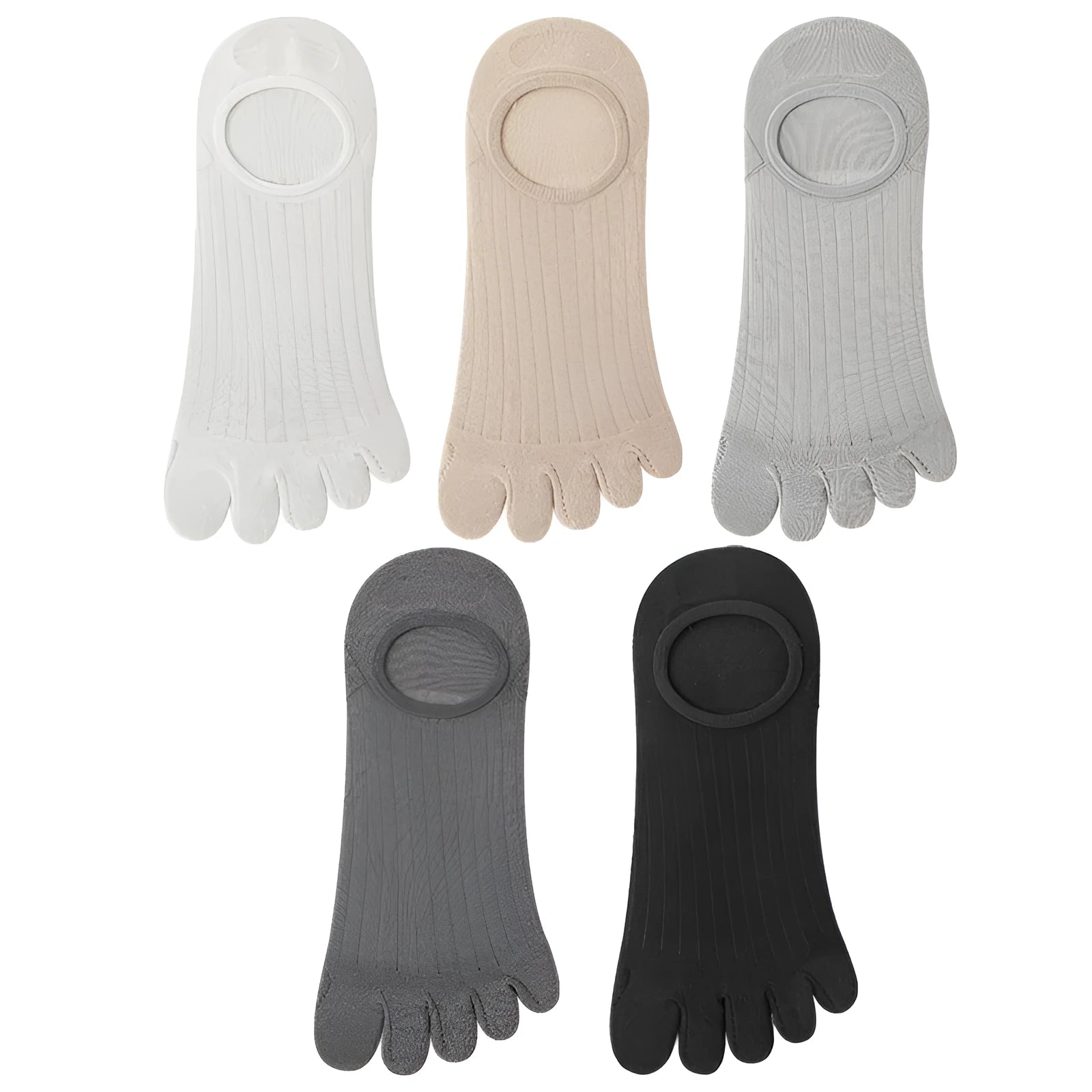 Men's five-finger invisible socks in modal fabric, shown in various neutral colours on a flat surface.