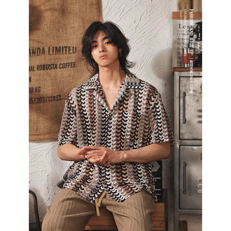 Japanese style Cuban collar short sleeve shirt in grey or red for plus size men