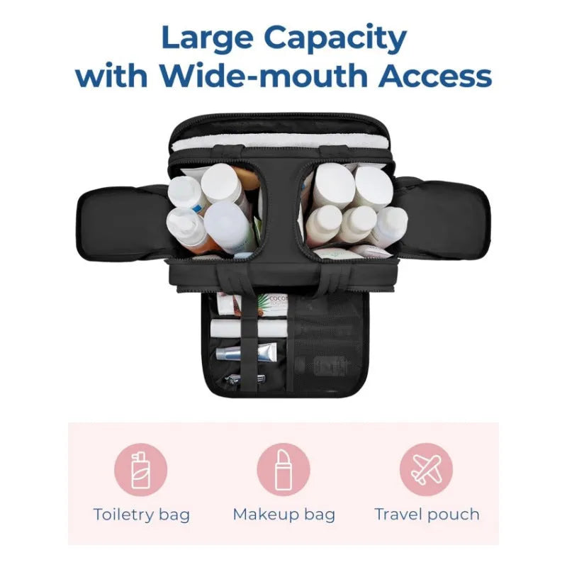 Large fluffy polyester travel toiletry bag open showing spacious interior, available in multiple colours