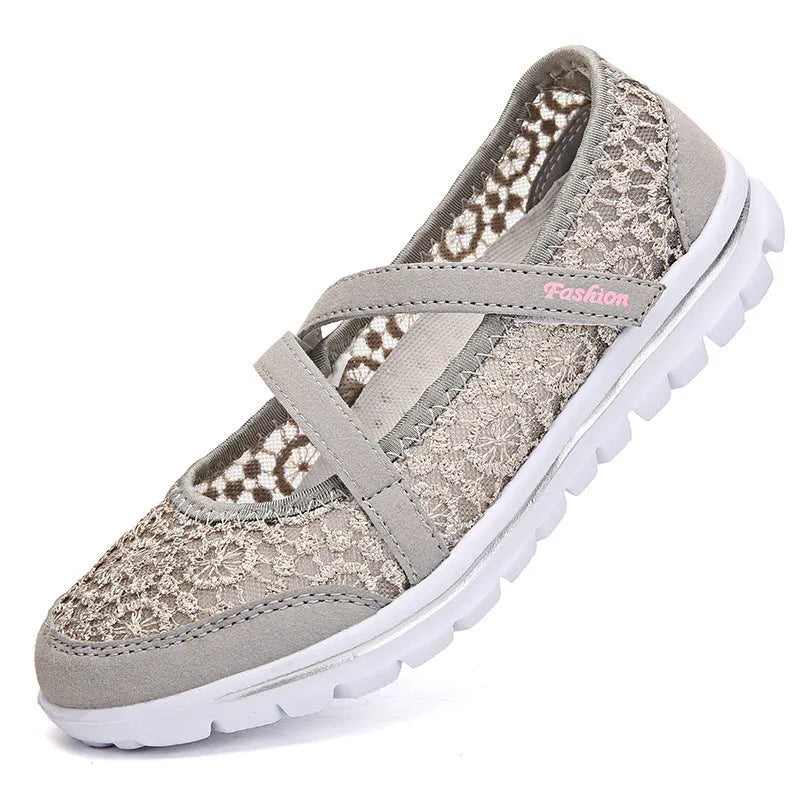 Women's mesh casual shoes in beige colour with round toe and flat heel design