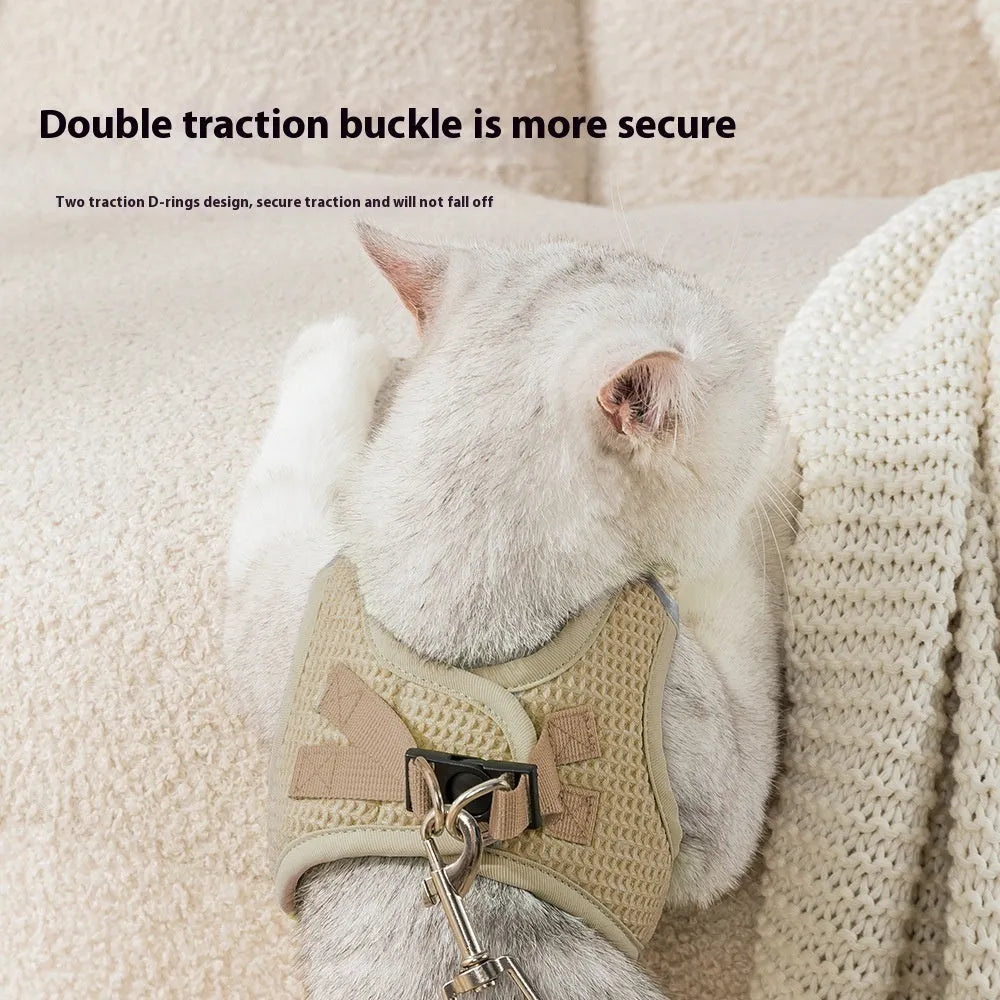 Brown cloth cat harness with waffle texture and integrated pulling rope on chest strap
