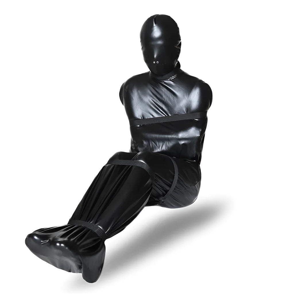 Black patent leather bondage set with body wrap garment and six ratchet tie-down straps