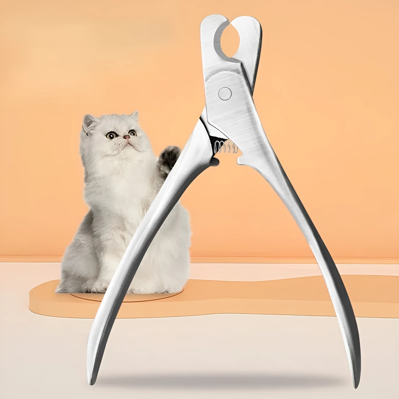 Silver professional pet nail clipper with stainless steel blades and safety guard for dogs and cats.
