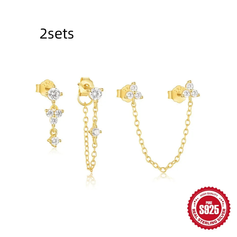 S925 sterling silver geometric earrings with zircon tassels in gold tone colours
