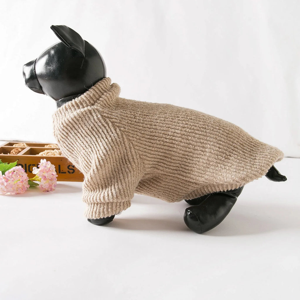 Brown cloth pullover sweater for small dog breeds on canine mannequin