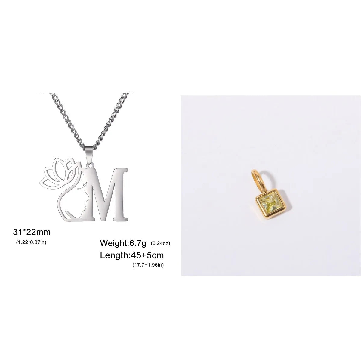 Stainless steel necklace with cross chain and a single letter pendant in gold or silver finish.