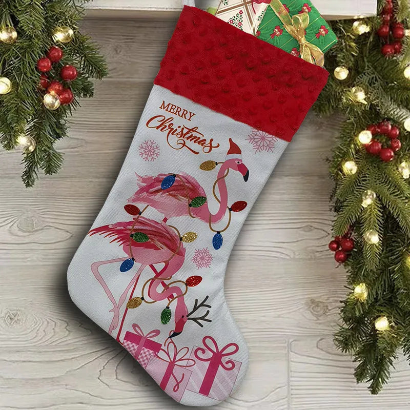 Flamingo Christmas stocking holiday decoration in cloth material measuring 46cm by 28cm