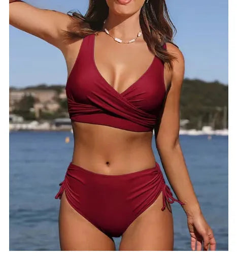 Women's solid colour cross-strap bikini swimsuit with briefs-style bottoms