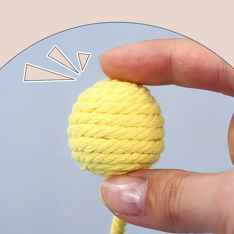 Colourful cat toy ball with rope and built-in bell in two size options