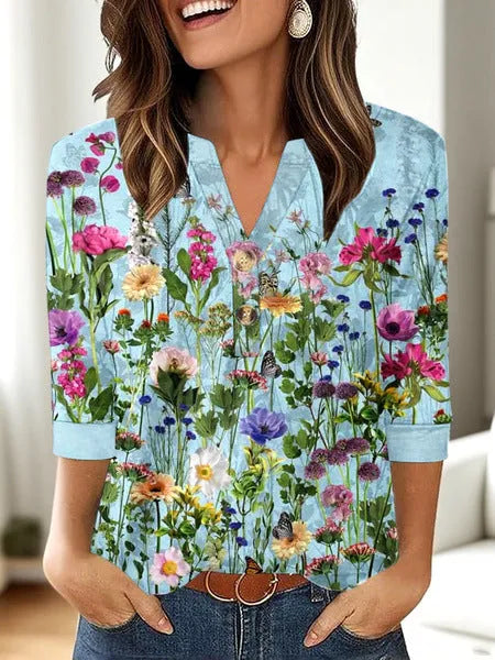 Women's casual V-neck top with 3D pattern in loose fit Japanese style