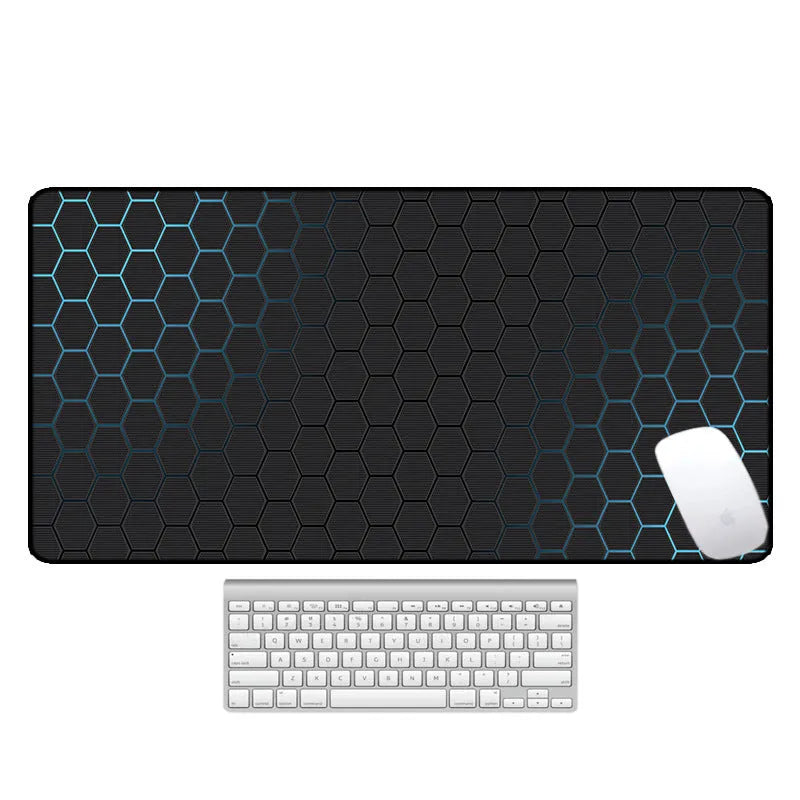Large rectangular desk pad with printed pattern, natural rubber non-slip base, for computer mouse and keyboard.