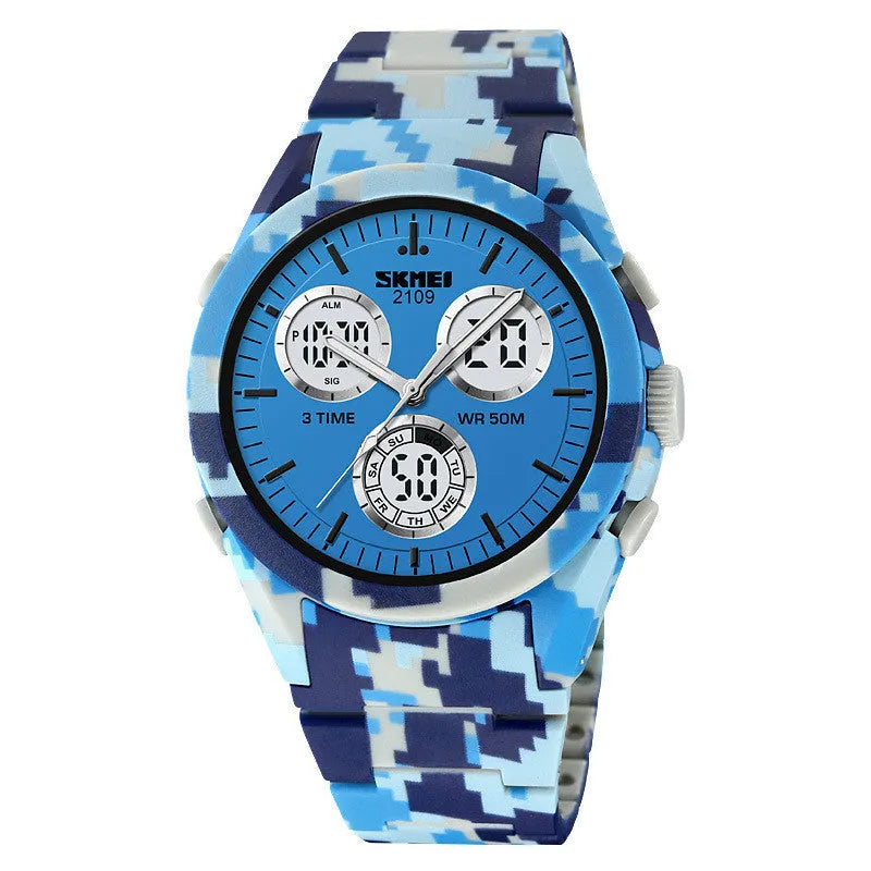 Casual electronic watch with digital display on a TPU strap, shown in camouflage colour option