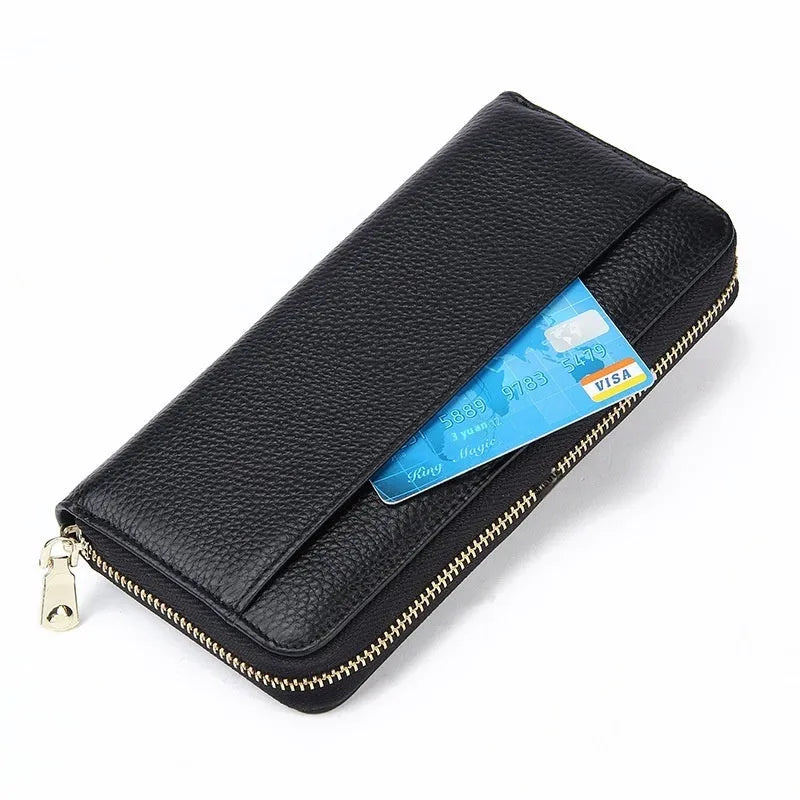 Genuine leather women's wallet showing interior compartments and anti-theft card swiping feature