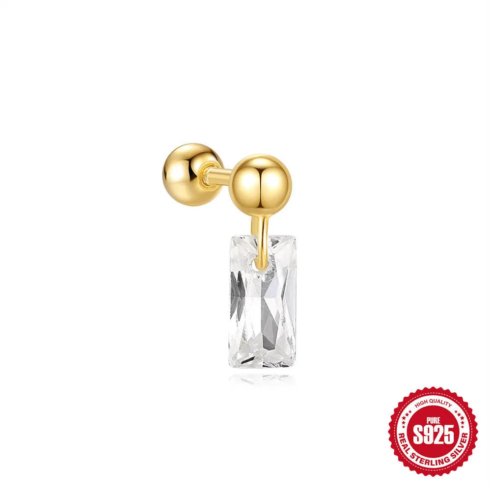 S925 sterling silver square gravel stud earring with red centre and gold plating