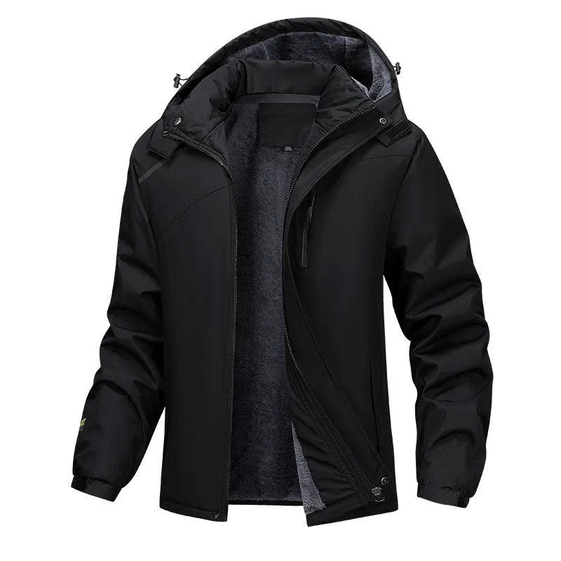 Men's plus size waterproof winter coat in loose fit with hood, available in Army Green, Black, Dark Gray and White colours