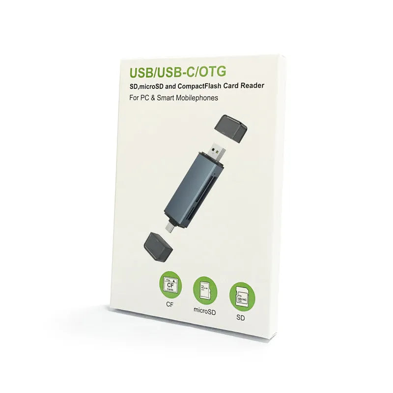 Compact aluminium alloy CF SD TF three-in-one USB card reader showing USB and Type-C connectors