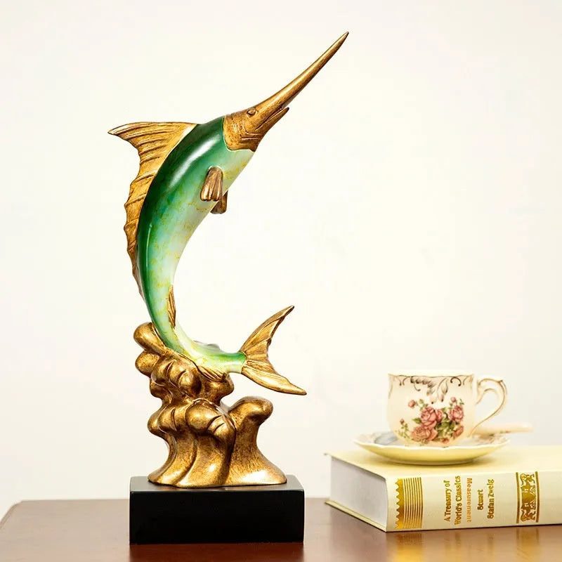 European style decorative resin swordfish ornament in Ocean Green, Lake Blue, Coral Red or Bright Gold.