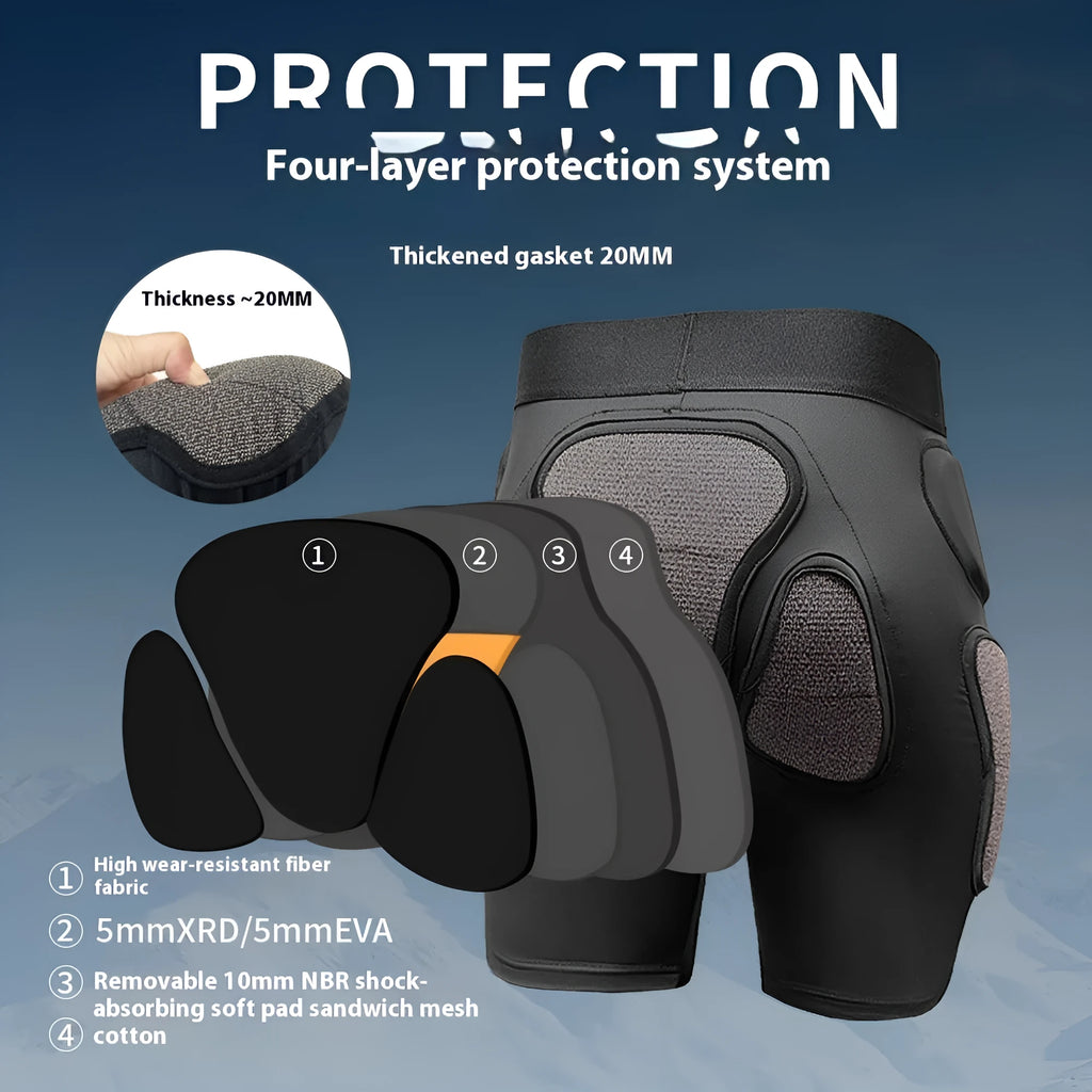 X-ray diffraction ski protective gear set showing hip pads and knee pads for winter sports