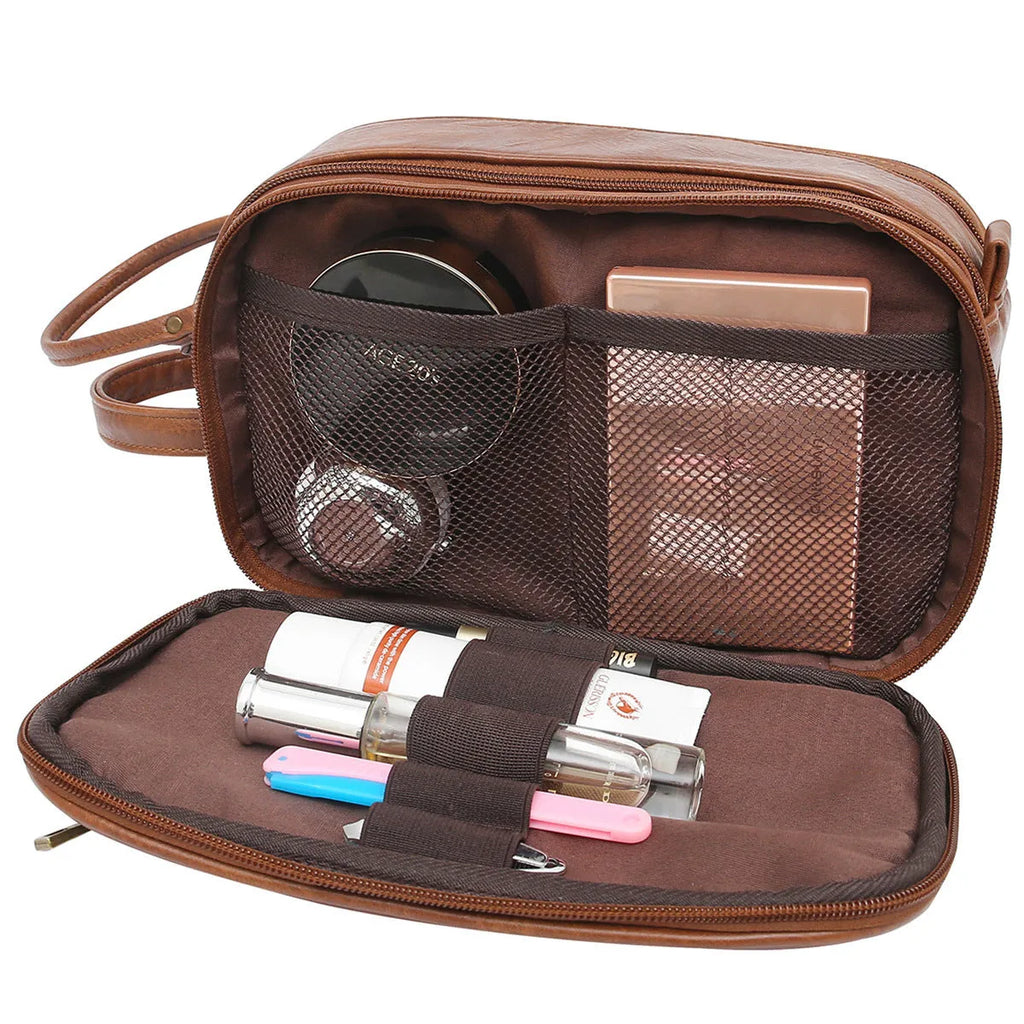 Black and brown men's PU toiletry bag with a zip closure for travel.