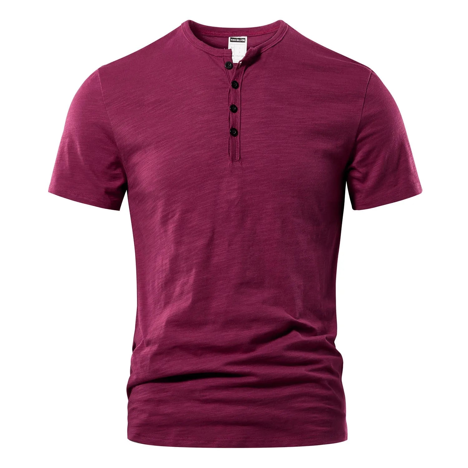 Men's solid colour slub cotton short sleeve pullover in British style, shown in wine red.