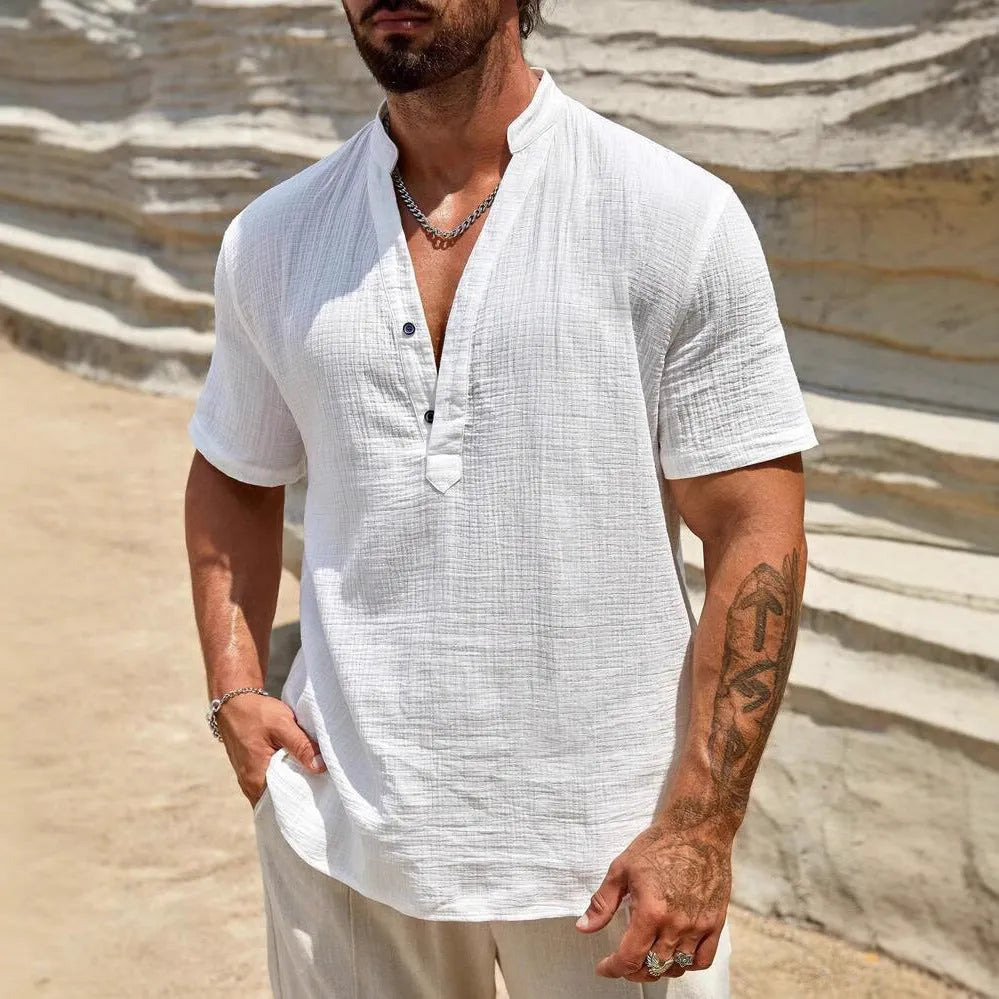 Men's solid colour short sleeve stand collar casual shirt on a hanger