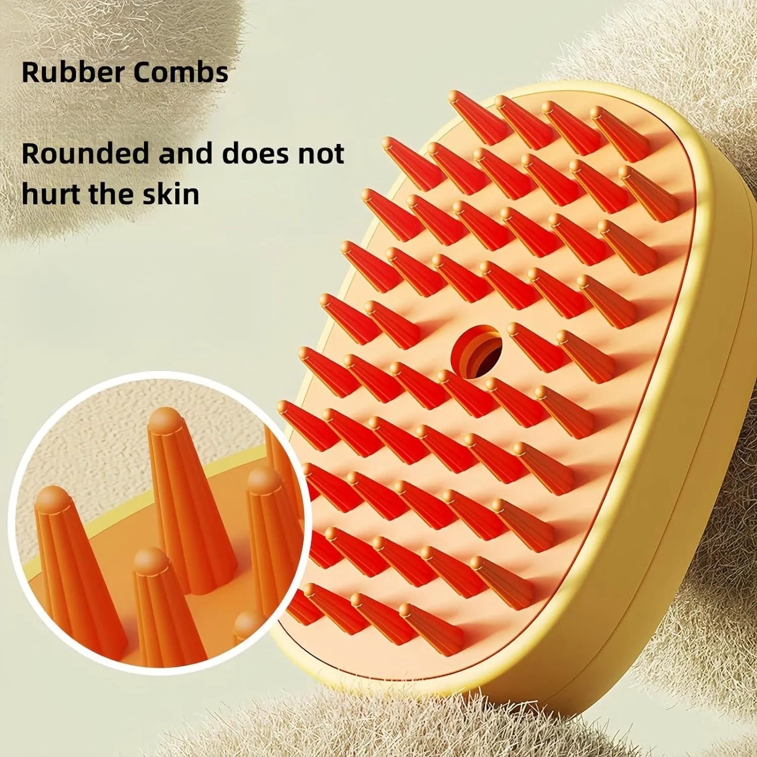 White or yellow rechargeable pet steam brush with water tank and rubber comb teeth