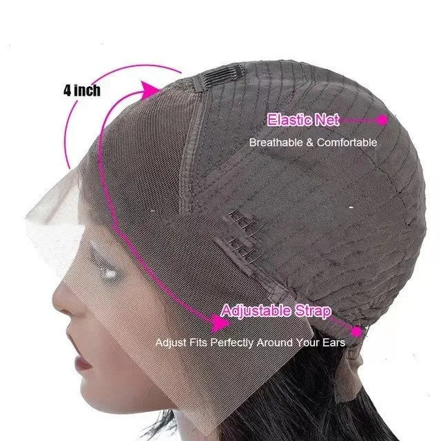 A woman wearing a long real human hair wig with a visible 4x4 lace front hairline.