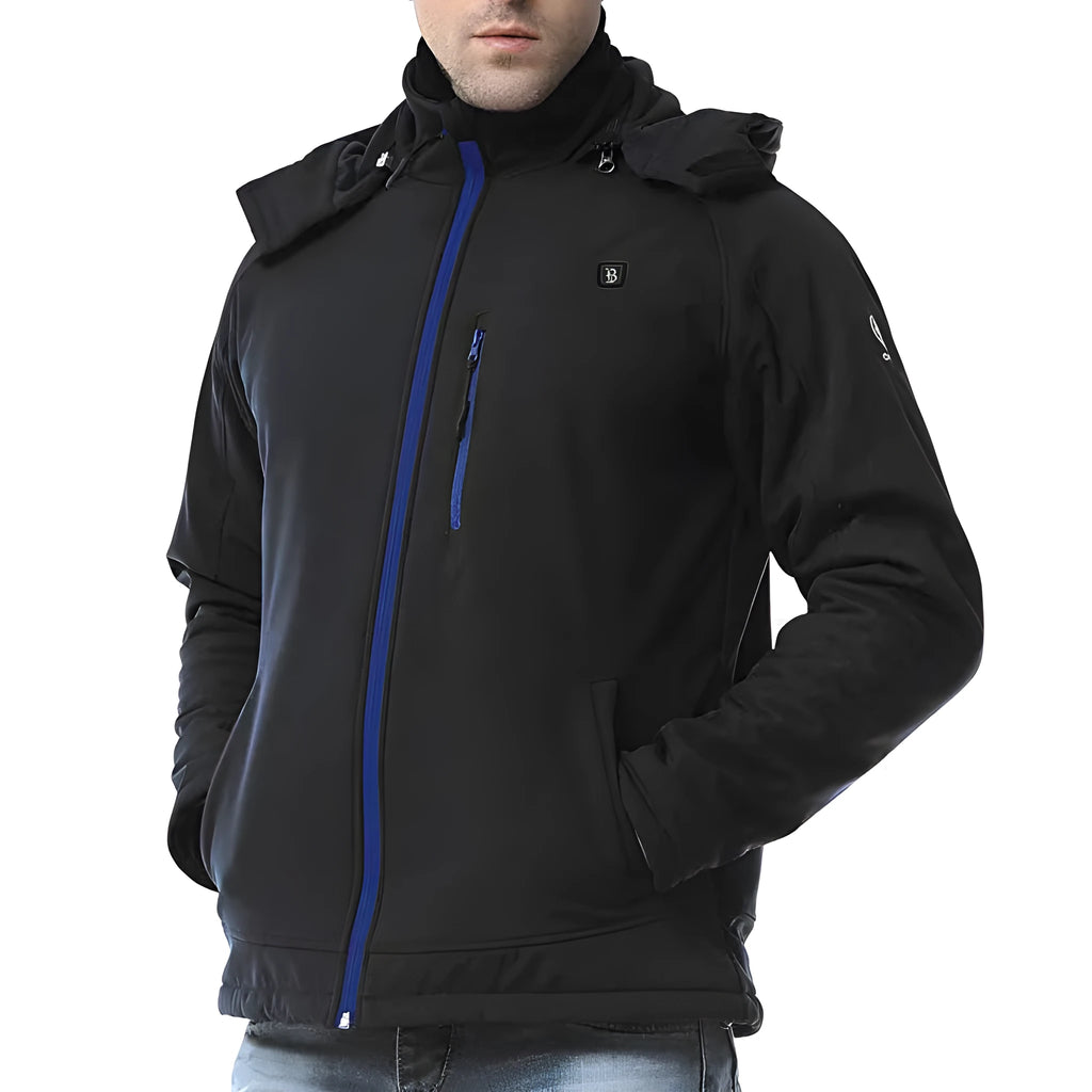 Black USB heated waterproof winter coat for men with long sleeves and straight hem design