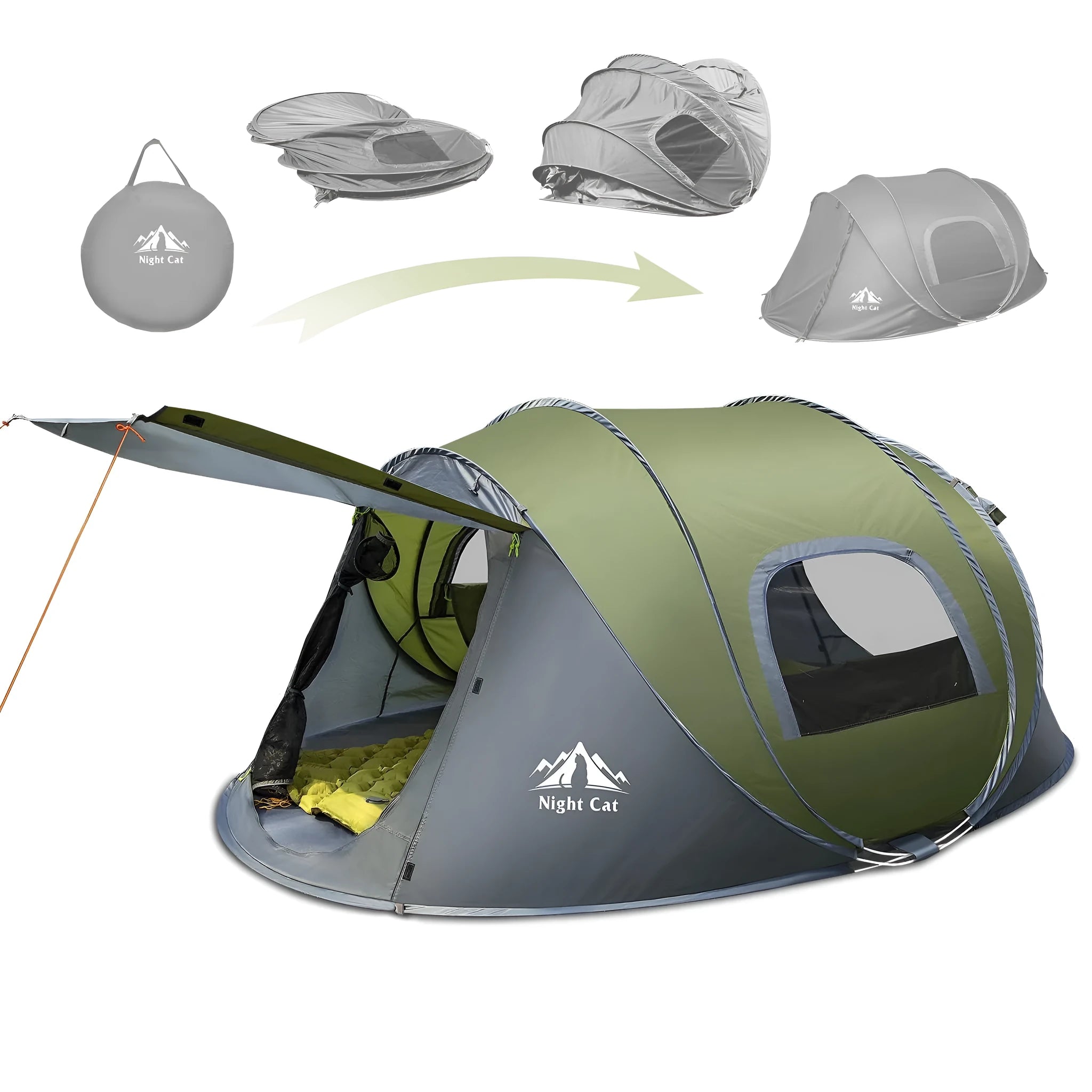 Dark green instant pop up family camping tent for two people, shown pitched.