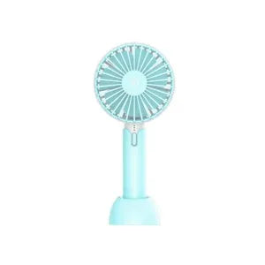 Blue mini USB electric fan with oscillation head and 3 speed controls on desk