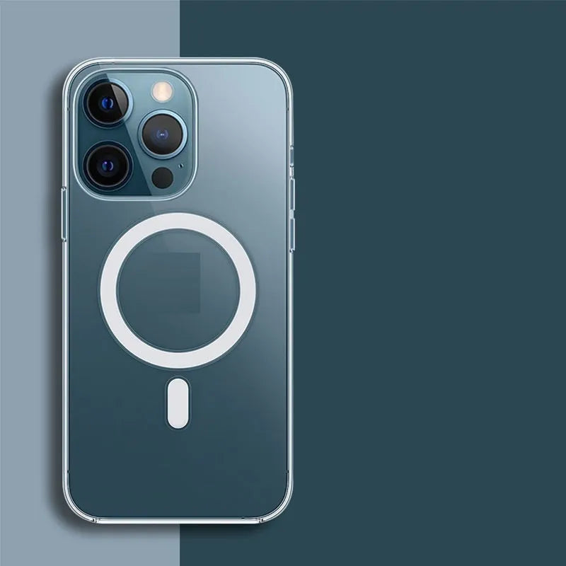 Transparent magnetic phone case for iPhone with visible MagSafe magnet ring on clear back cover.
