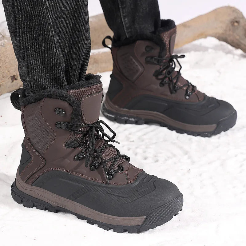 Men's black plus size high-top boots with fleece lining, flat heel, and lace-up front.