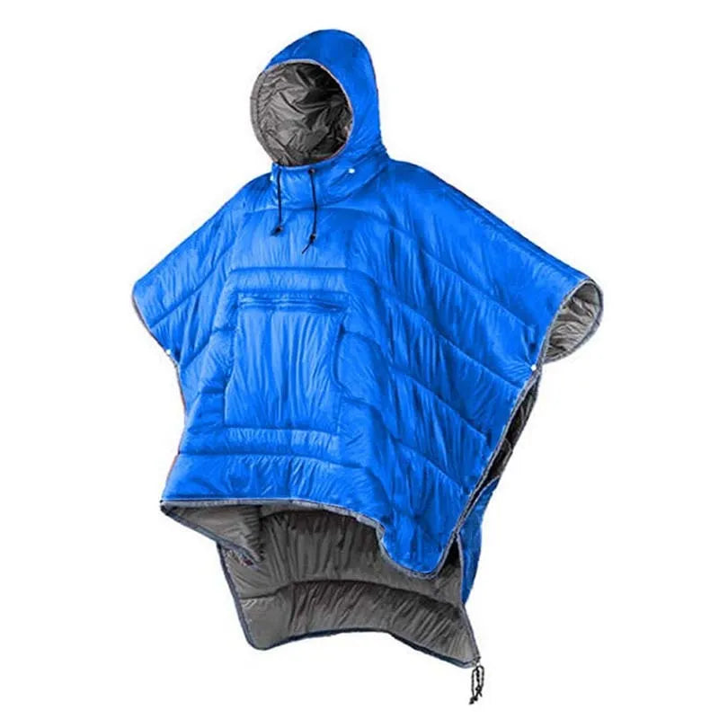 Grey outdoor cloak sleeping bag with hood showing transformation to wearable cape