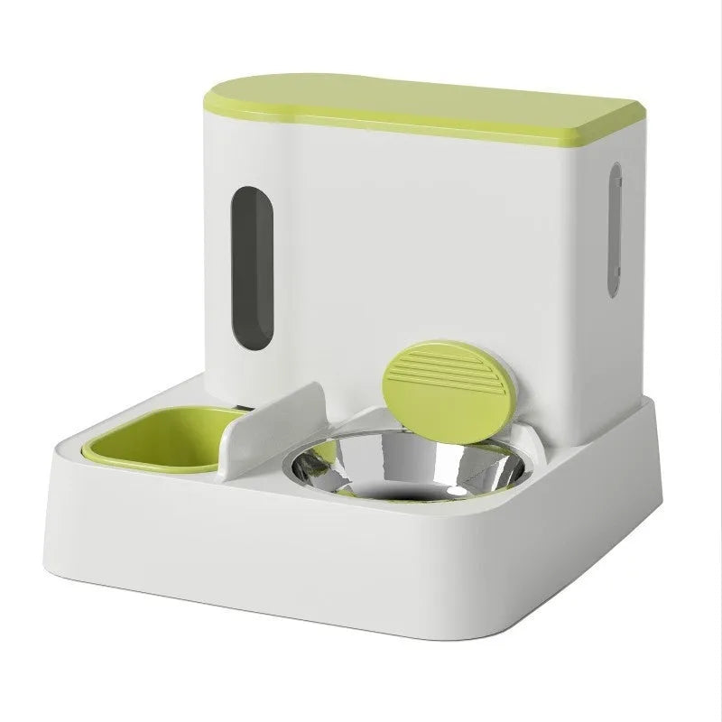 Grey automatic cat feeder and water dispenser station with integrated double bowls on a wooden floor.