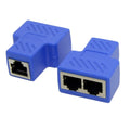 RJ45 network cable splitter adapter showing one input and three output ports in multiple colour options