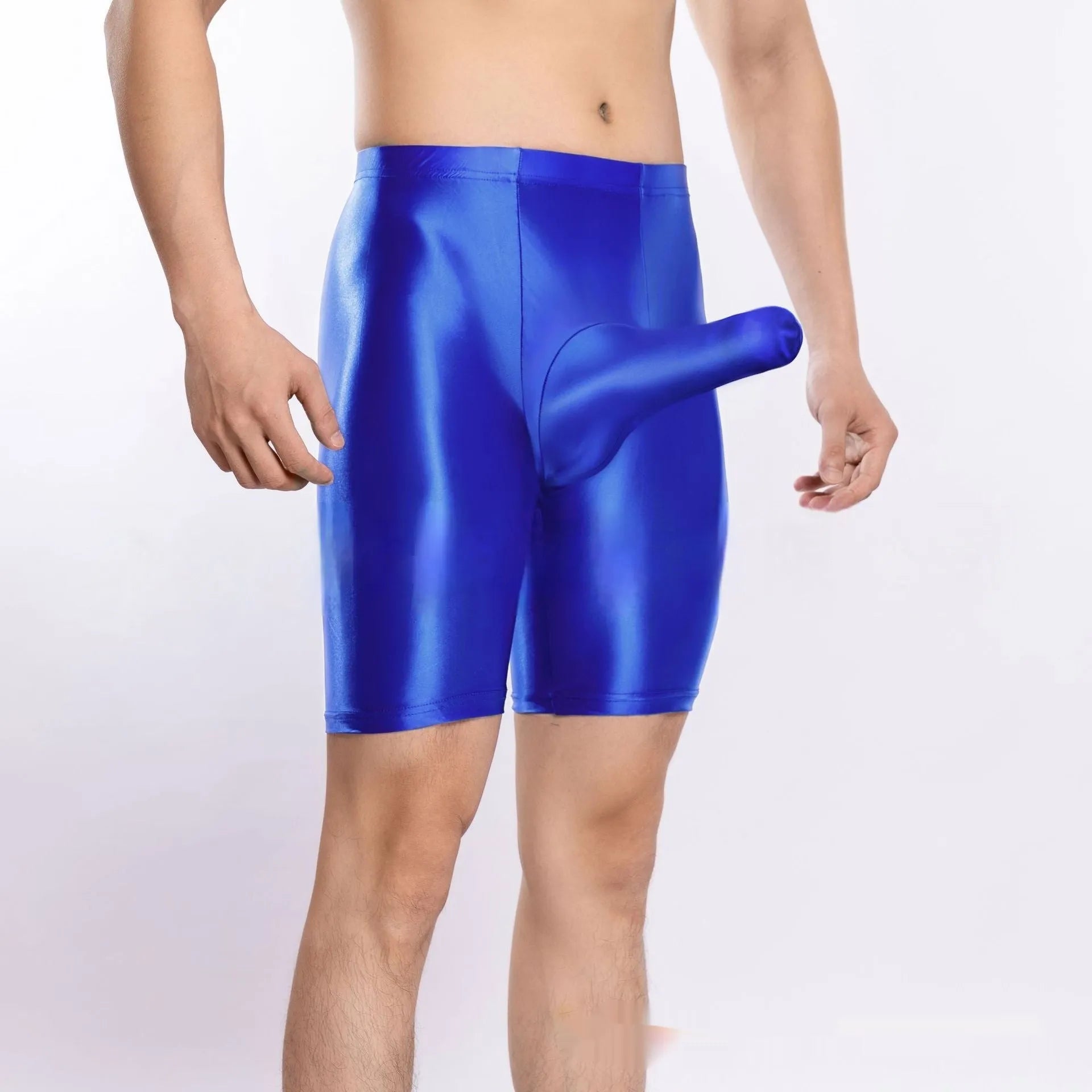 Men's plus size shiny silky sports shorts in multiple colours on size chart