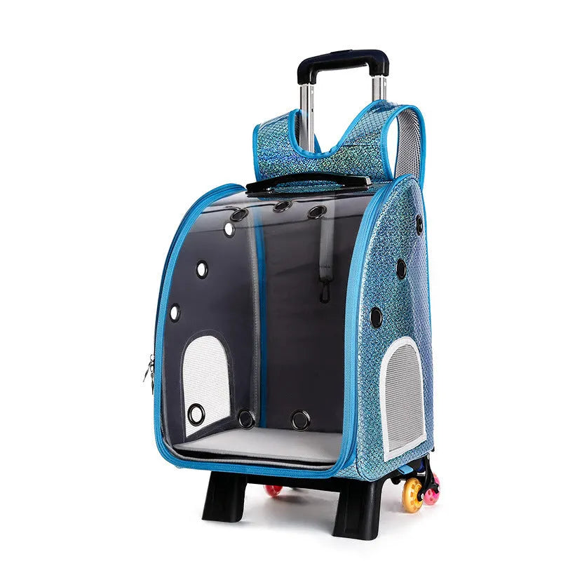Blue pet trolley bag with transparent acrylic cover showing shoulder strap and trolley wheels
