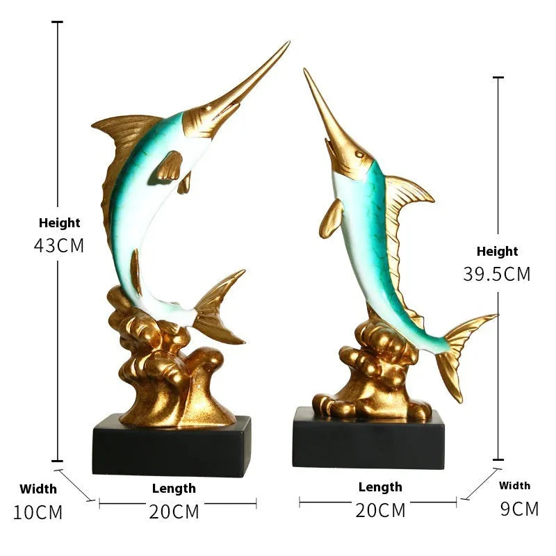 European style decorative resin swordfish ornament in Ocean Green, Lake Blue, Coral Red or Bright Gold.