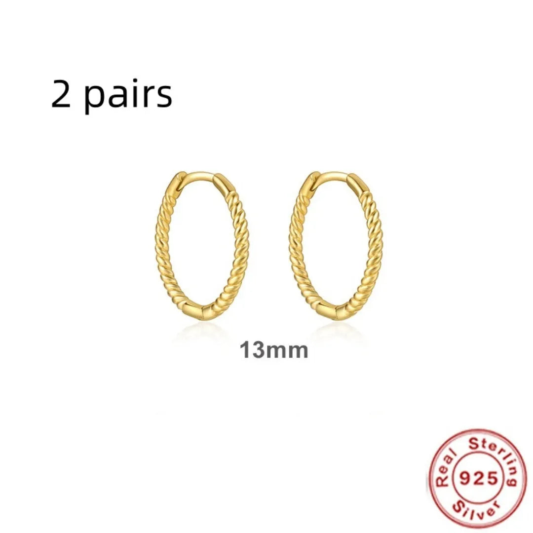 S925 sterling silver twisted string round ring earrings in gold or platinum colour