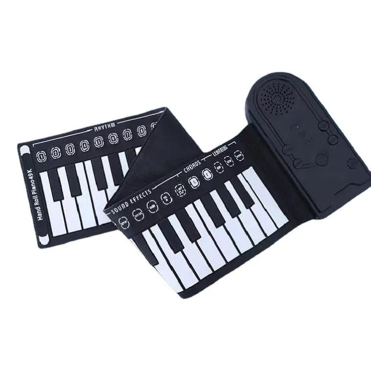 Glossy Black portable folding electronic keyboard with 49 silicone keys, shown both folded and unrolled.