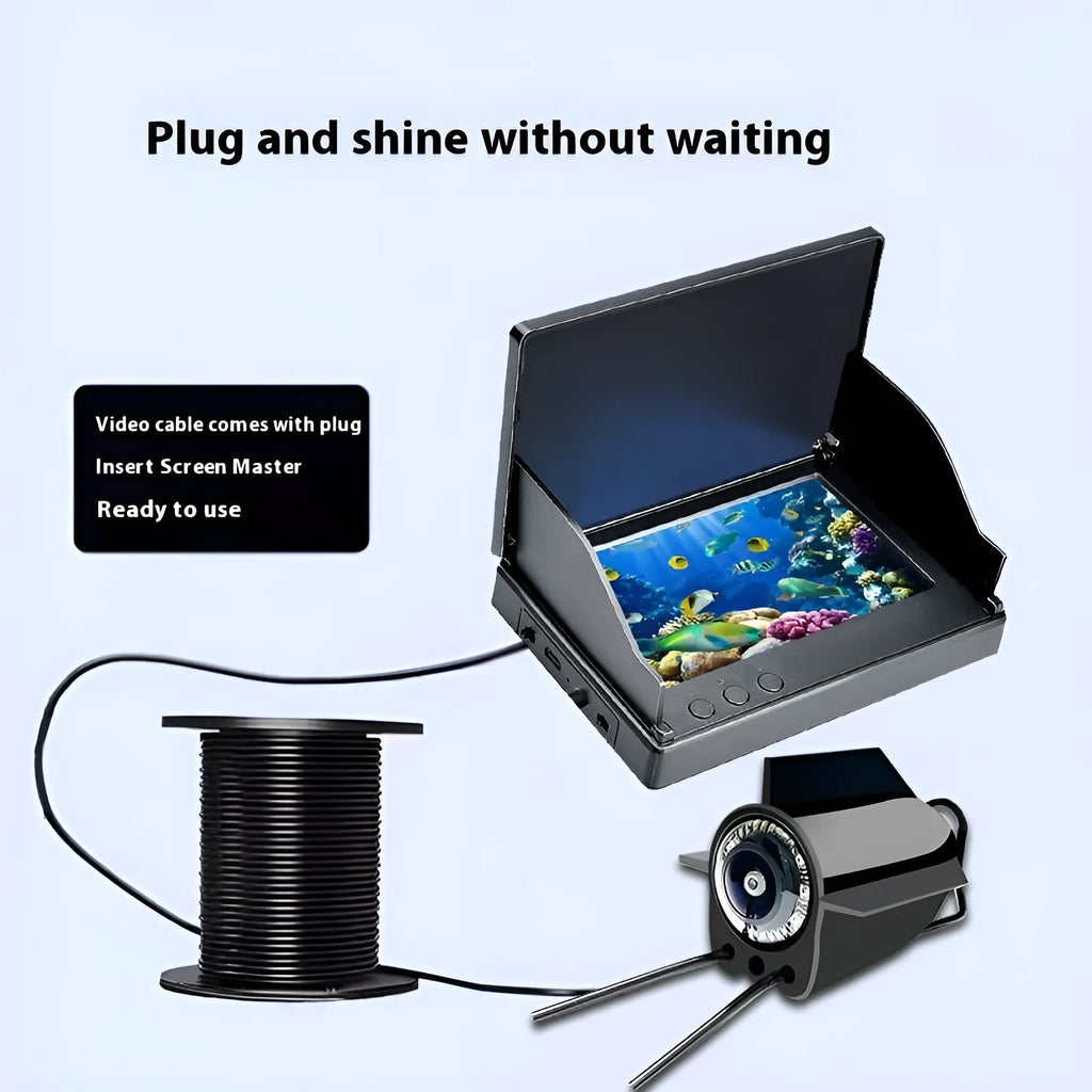 Fish finder underwater camera with 4.3-inch screen, night vision lights, and long cable on a fishing boat.
