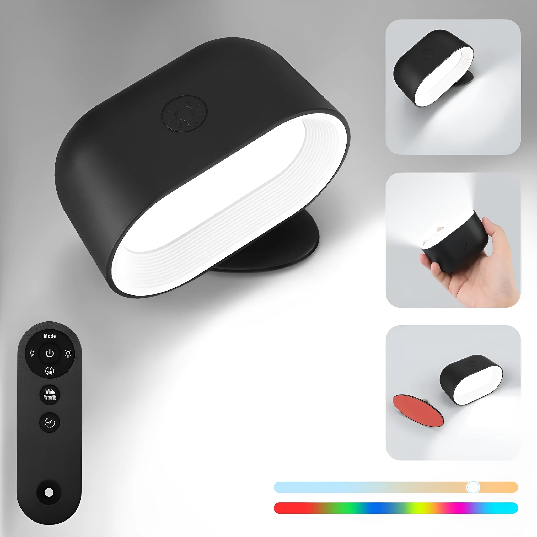 White remote touch magnetic wall lamp with oval light showing 360-degree rotation and magnetic mount