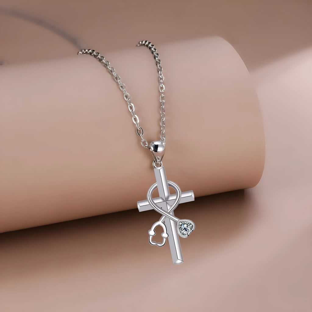 Cross stethoscope necklace with electroplated copper pendant and cross chain