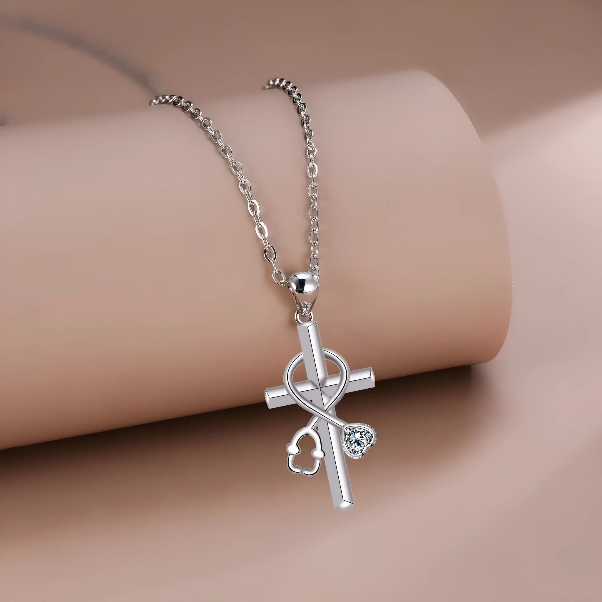 Cross stethoscope necklace with electroplated copper pendant and cross chain