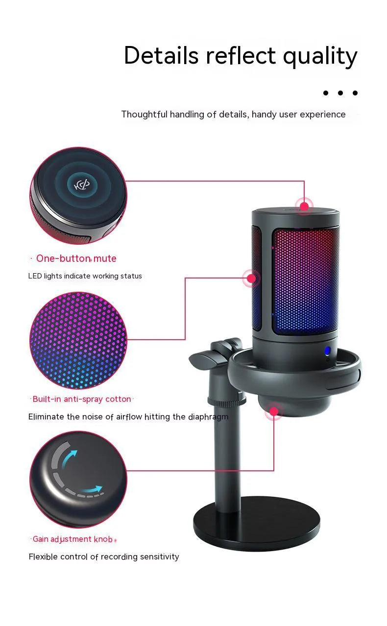 USB condenser microphone with RGB lighting in black, white or pink colours for live broadcast streaming