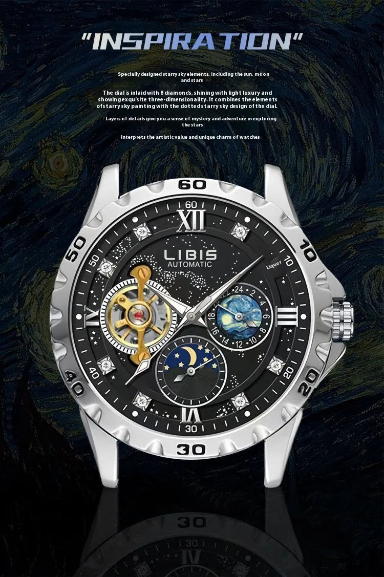 Men's silver automatic mechanical watch with black starry dial, luminous hands, and a leather strap.