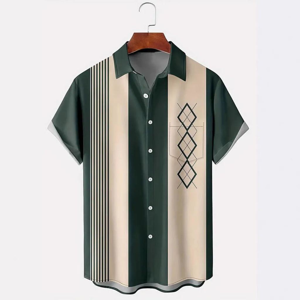 Man wearing a loose-fit contrast plaid short sleeve shirt in cardigan style.