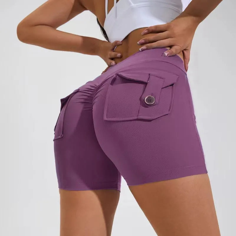 Women's high-waisted fitness shorts with pockets in various solid colours